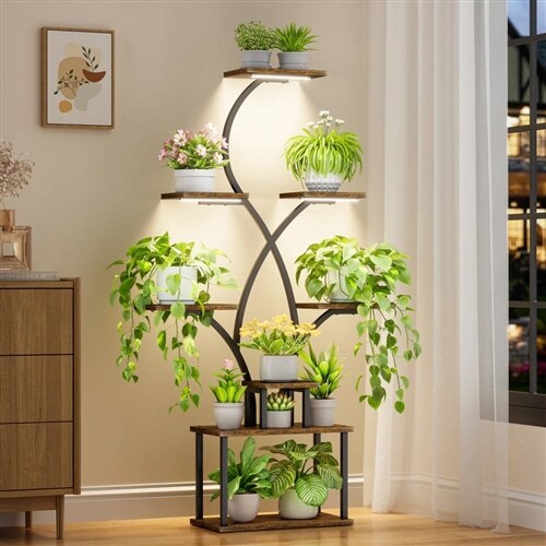 62-Inch Tall Tree-Shaped Indoor Plant Stand with 3-Head Full-Spectrum Grow Lights 8-Tier Corner Display Shelf