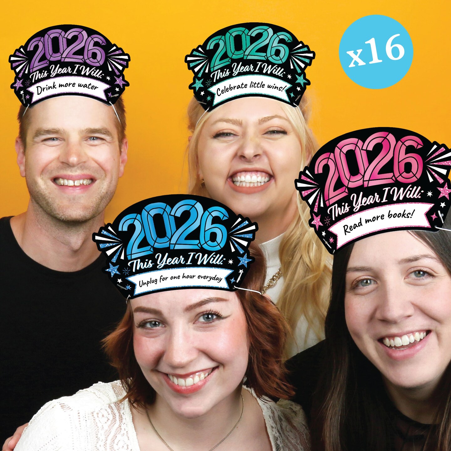 Big Dot of Happiness Colorful New Year Party Headbands, 2026 Resolution Party Hats & Games, 2026 NYE Party Decor, Blue, Green, Pink, Purple, Set of 16
