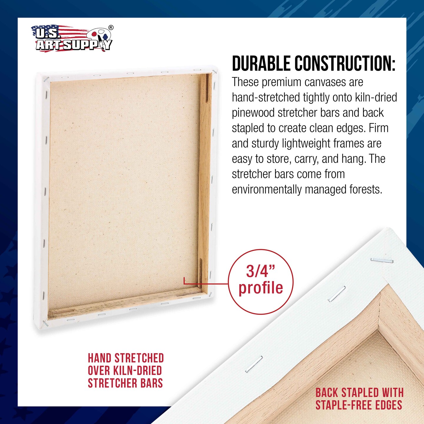 30 x 30 inch Stretched Canvas 12-Ounce Triple Primed, 3-Pack - Professional Artist Quality White Blank 3/4&#x22; Profile, 100% Cotton, Heavy-Weight Gesso