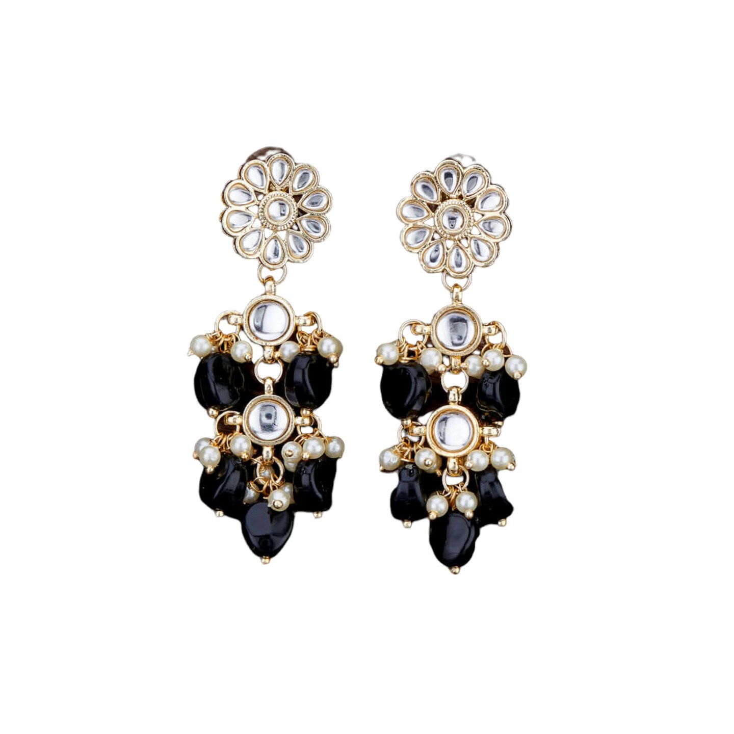 Indian Jhumka Earrings for Women - Large Floral Kundan Faux Pearls Drop Chanbali Earrings Indian Jhumki Ethnic Beaded Bollywood Style Dangle Earrings Jewelry for Bride Birthday Gift for Her