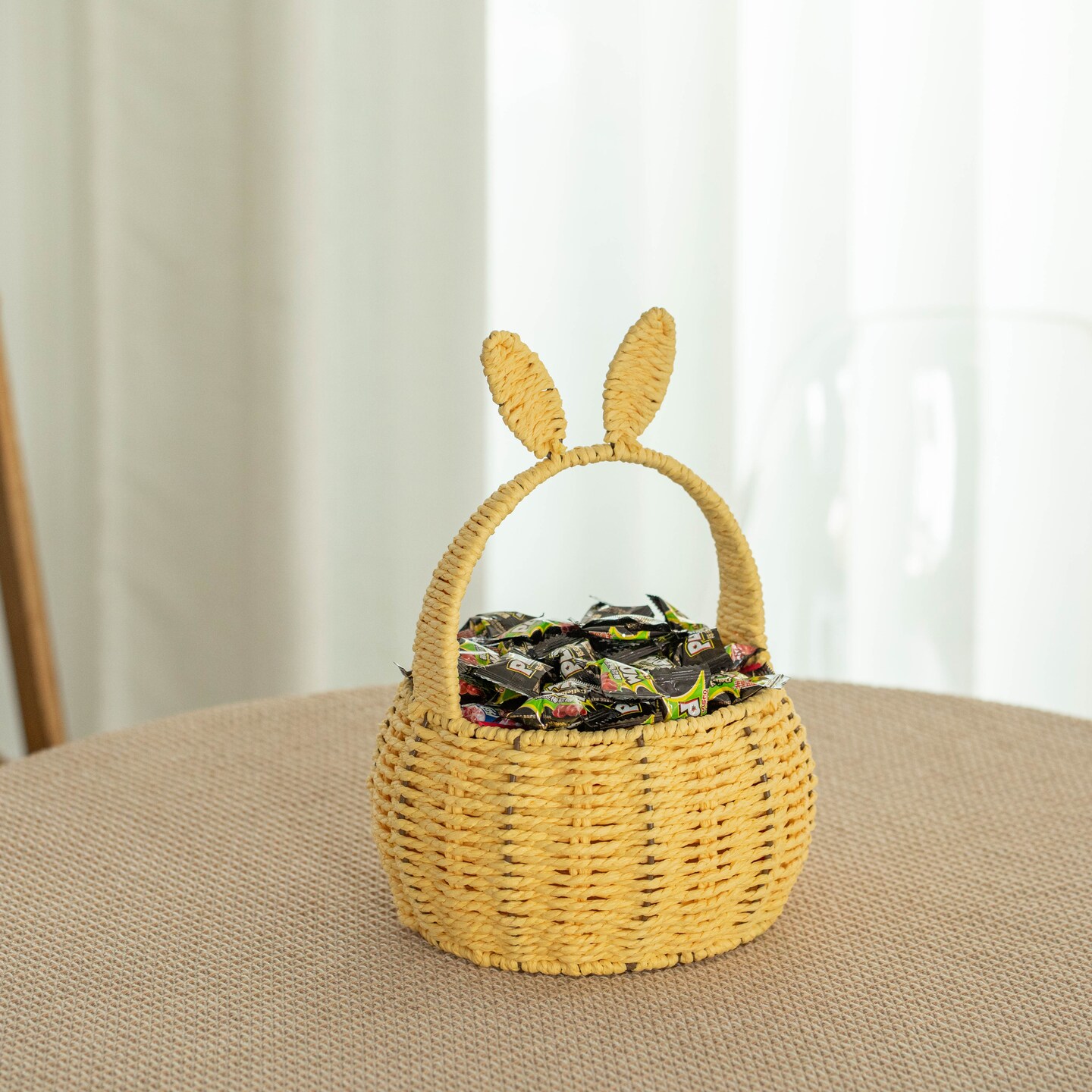 Wickerwise Hand-Woven Easter Bunny Ear Basket with Handle &#x2013; Multi-Purpose Paper Rope Wicker Basket for Easter Egg Hunts, Picnics, Flower Arrangements, Food Storage, Party, and Home Decor