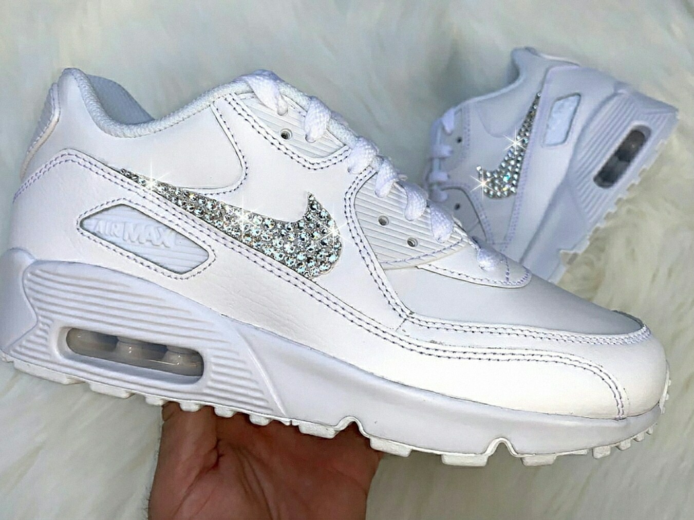 Nike Air Max 90 Leather Shoes white custom rhinestoned shops