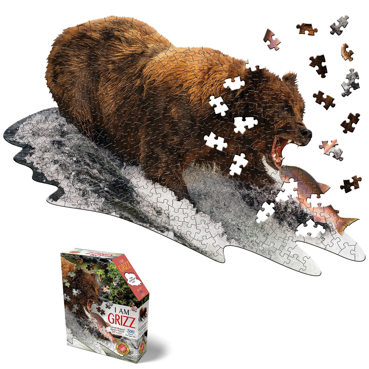 Madd Capp: I Am Grizz - 300 Piece Puzzle - Animal-Shaped Jigsaw, 30x21&#x22; Finished Size, Poster Reference, Educational Fun Fact Booklet, Kids &#x26; Adults