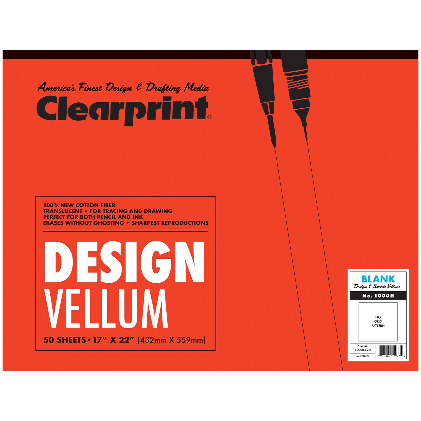 Clearprint 1000H Design Vellum Pad, 16 lb., 100% Cotton, 50 Sheets/Pad