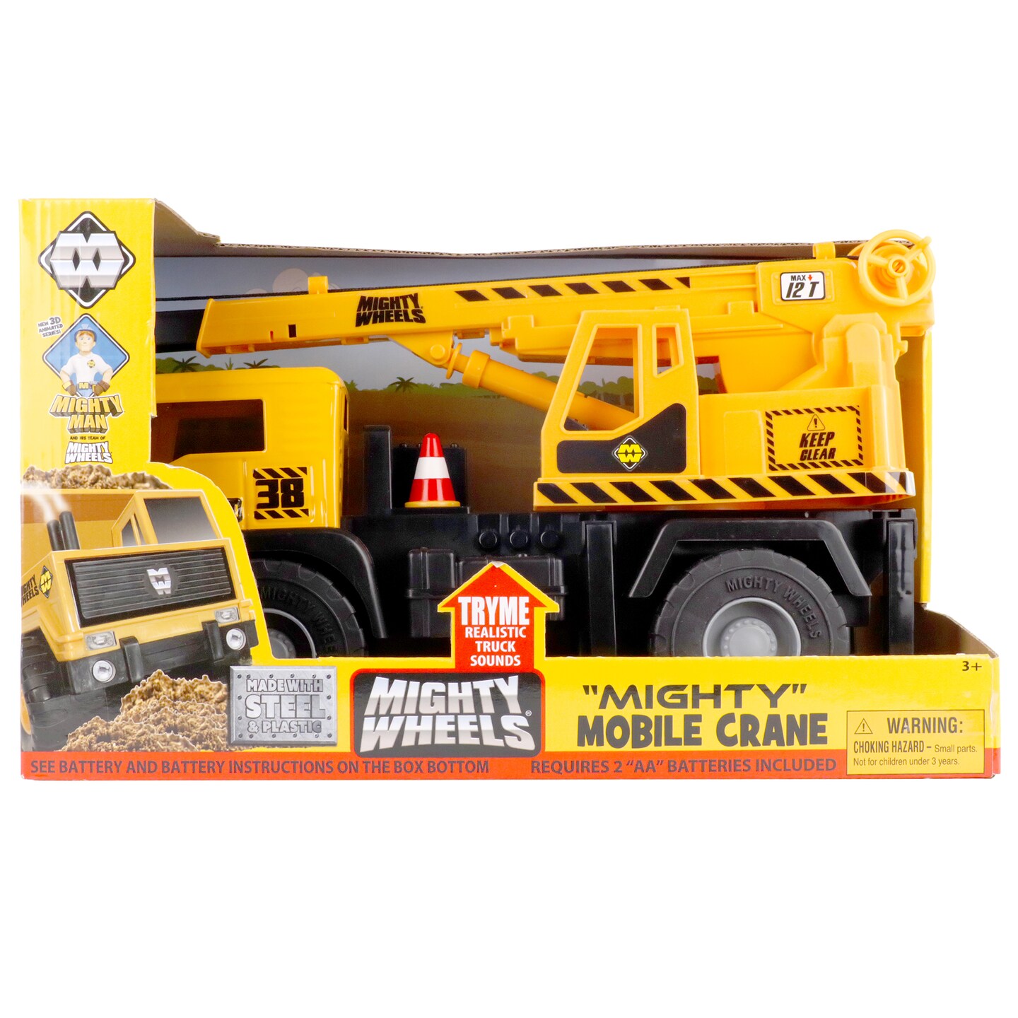 Mighty Wheels: 16&#x22; Mighty Mobile Crane - Sounds Construction Toy Vehicle, Realistic Boom, Hook &#x26; Transport, Durable Indoor-Outdoor Play, Kids Ages 3+