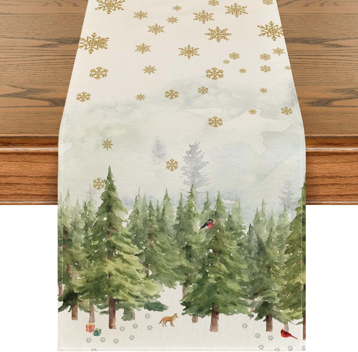 Xmas Trees Snowflakes Gifts Christmas Table Runner, Seasonal Kitchen Dining Table Decoration for Outdoor Home Party