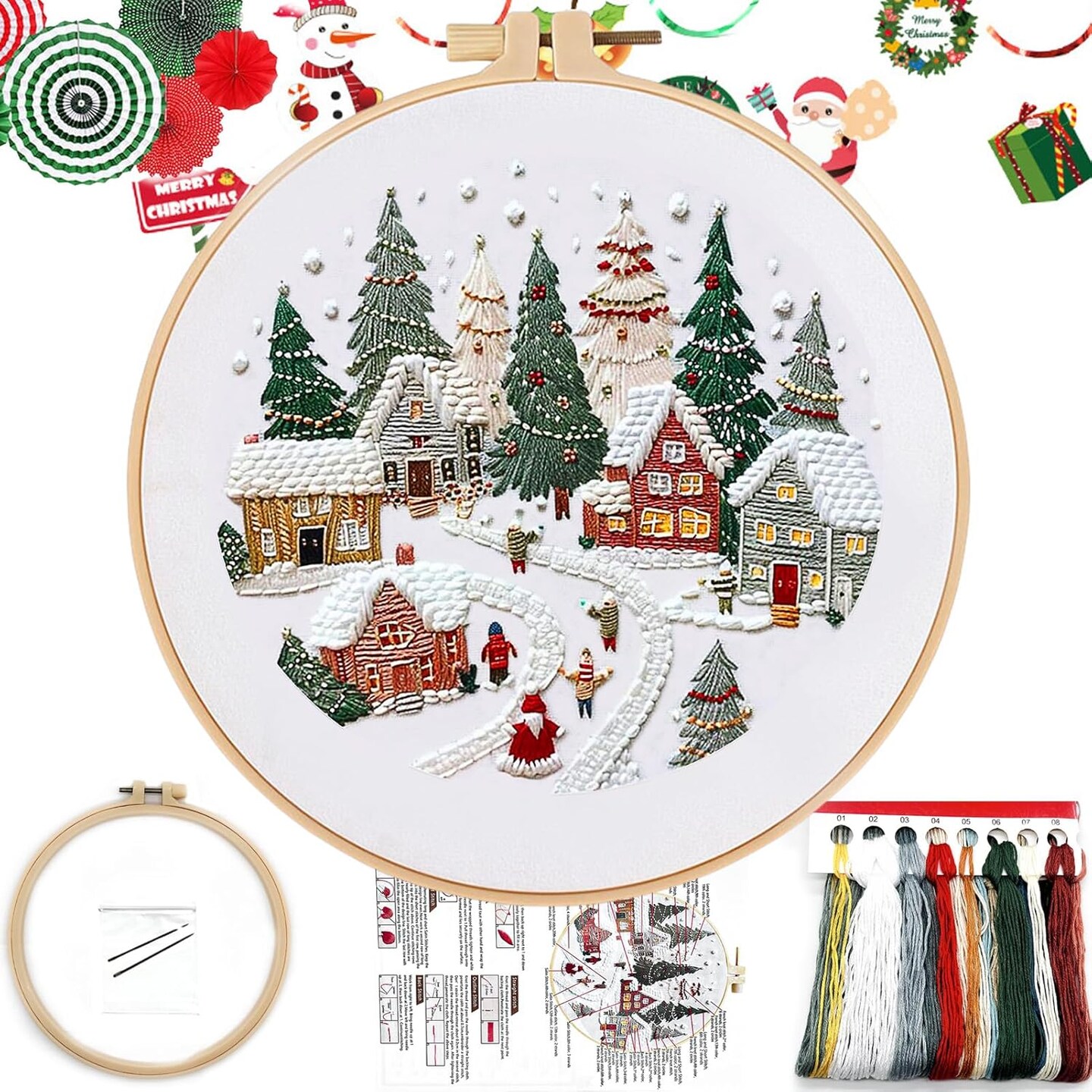 Crewel Christmas Embroidery Kit for Beginners – Winter Snow Scene Pine & Owl Cross Stitch Set, Includes Color Threads, Needle, 8’’ Hoop & Video Tutorial (White)