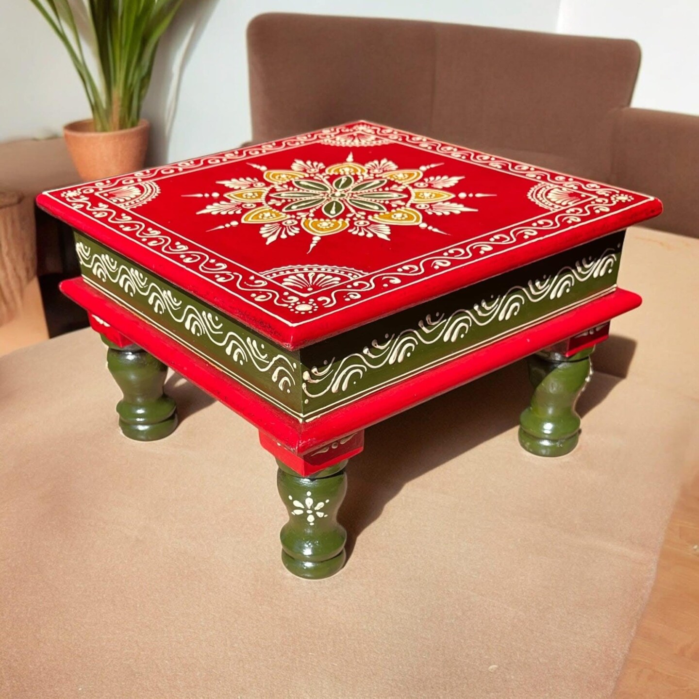 Chowki for Pooja Handcrafted Floral Printed Multicolor Traditional Chowki Wooden Bajot Festive Decor for God Idols Home Temple Mandir - Diwali Housewarming Gift