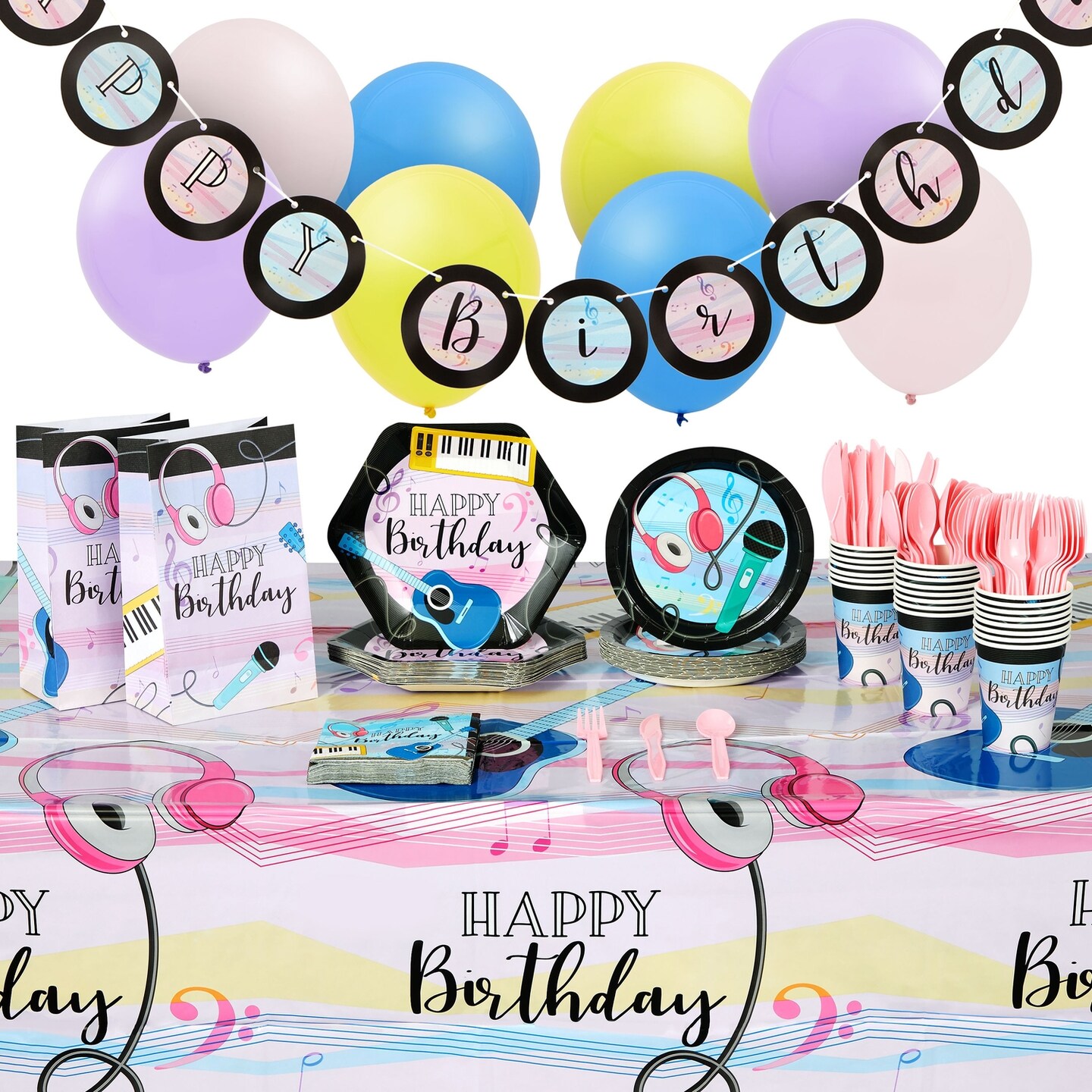 207 Pieces Music Birthday Party Supplies with Plates, Napkins, Cups, Tablecloth, Cutlery, Banner, Favor Bags, Balloons (Serves 24)