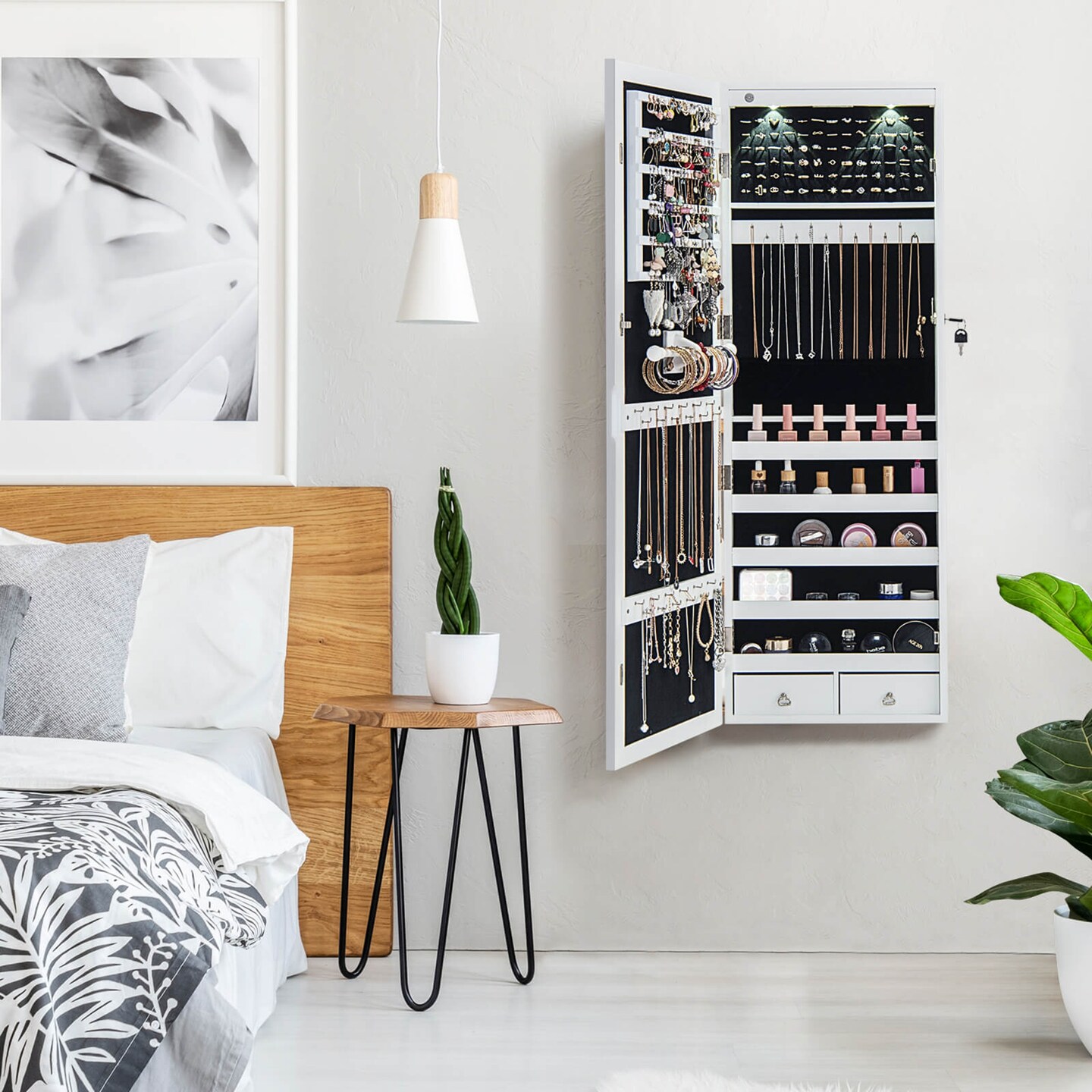 Costway Mirror Jewelry Cabinet with Full Length Clear Mirror & Internal LED Lights Hooks