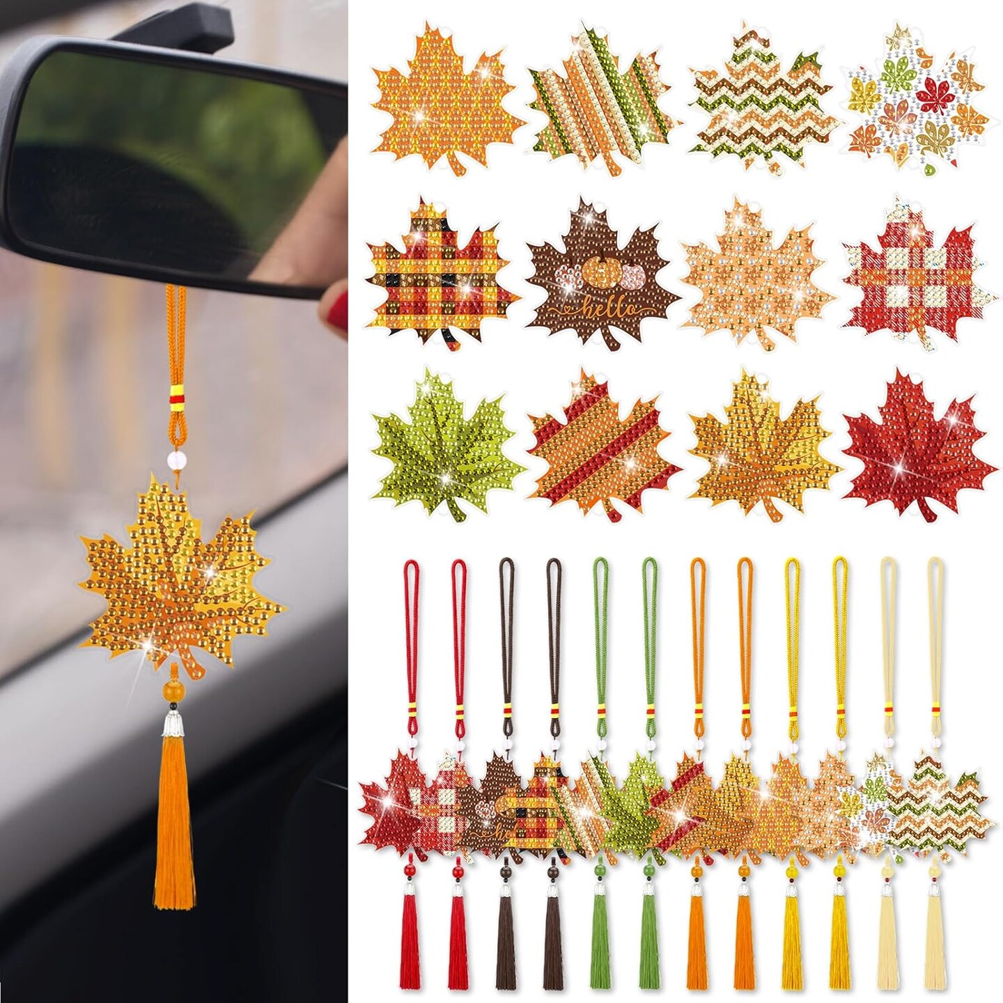 12 Pccs Fall Diamond Painting Car Ornaments Maple Leaves Kit (Maple Leaf) 8.07 x 8.07 x 0.63 inches