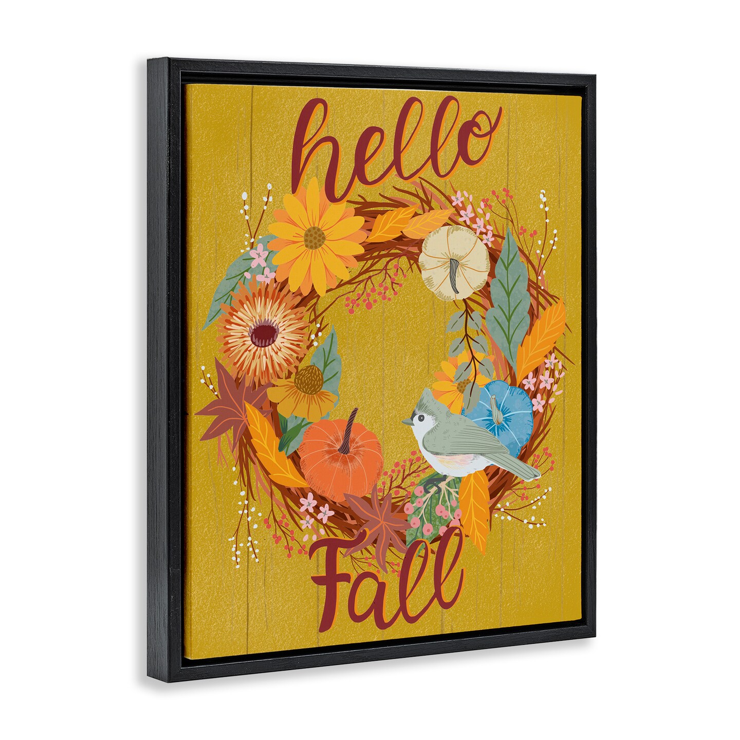 Stupell Industries Hello Fall Bird Wreath Floater Framed Canvas Wall Art Design by Jo Reid