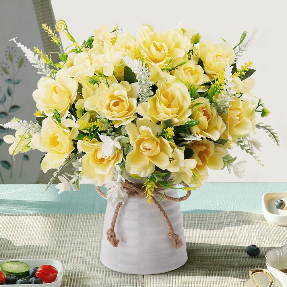 Artificial Flowers with Vase Fake Silk Flowers in Vase Gardenia Flowers Decoration for Home Table Office Party (Champagne)