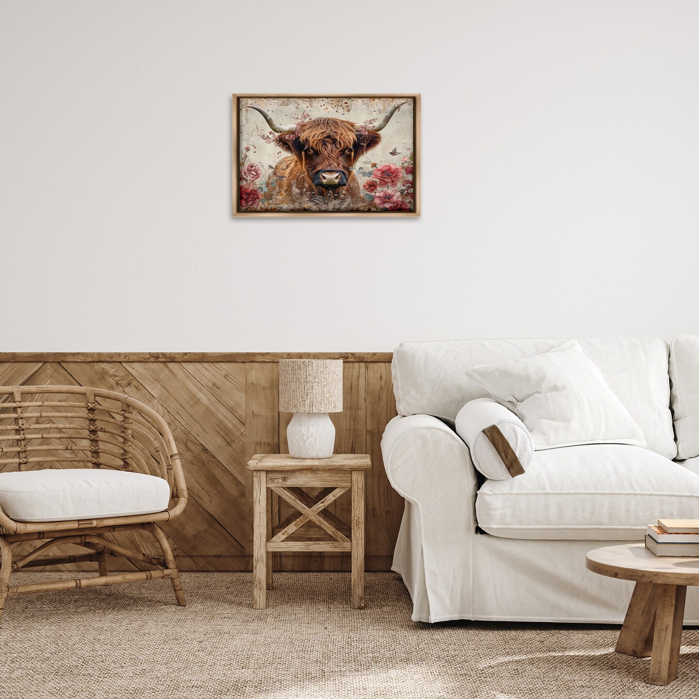 Stupell Industries Highland Cow in Spring Floater Framed Canvas Wall Art Design by LSR Design Studio