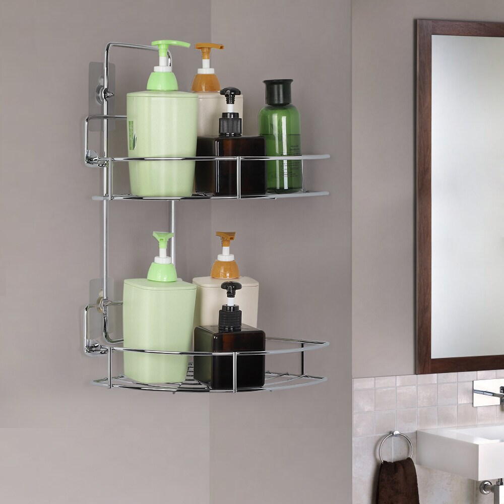 Bathroom Corner Two-Level Wall-Mounted Storage Shelf, Stainless Steel Without Drilling
