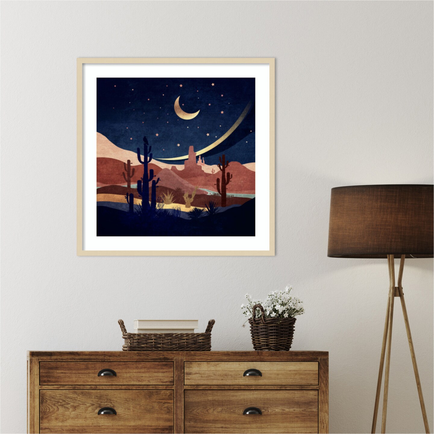 Blue Western Night by Emel Tunaboylu Wood Framed Wall Art Print