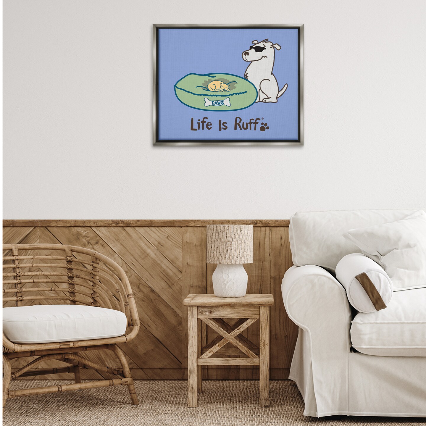 Stupell Industries Cat on Dog Bed Floater Framed Canvas Wall Art Design by LIR