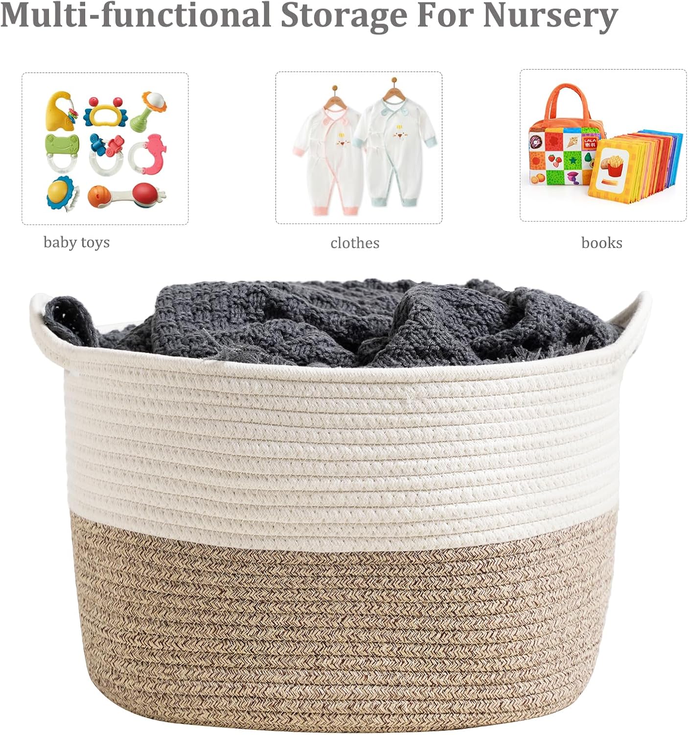Square Cotton Rope Samll Baskets With Handles for Nursery, Toys, Household, Nursery, Handcrafted Woven Gift Baskets for Storage and Organization,13.5x11x9.5inch (white-champagne)