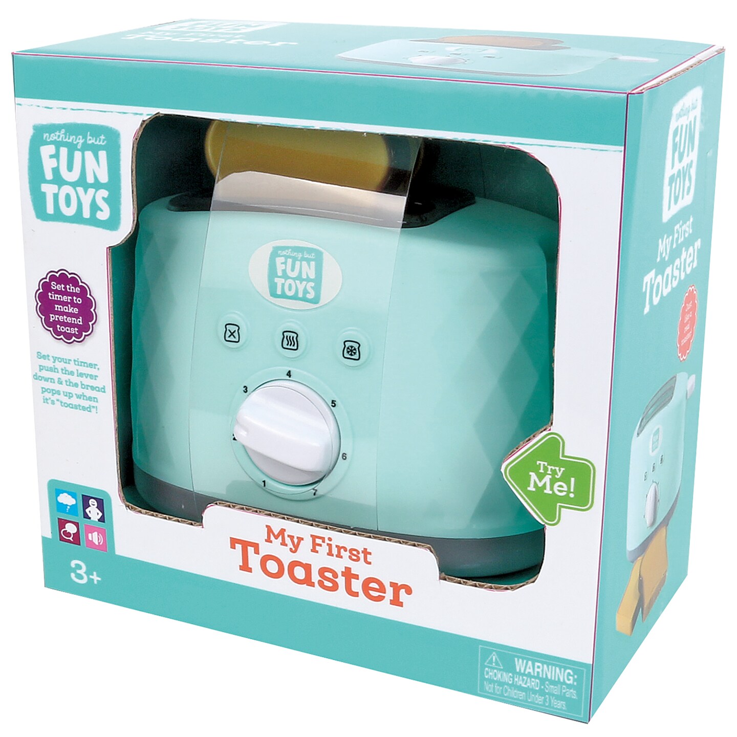 Nothing But Fun Toys: My First Toaster - Teal - Light & Sound Kitchen Appliance Toy, 2 Slices of Toast, Pop-Up Feature, Pretend Play Food Set, Kids 3+