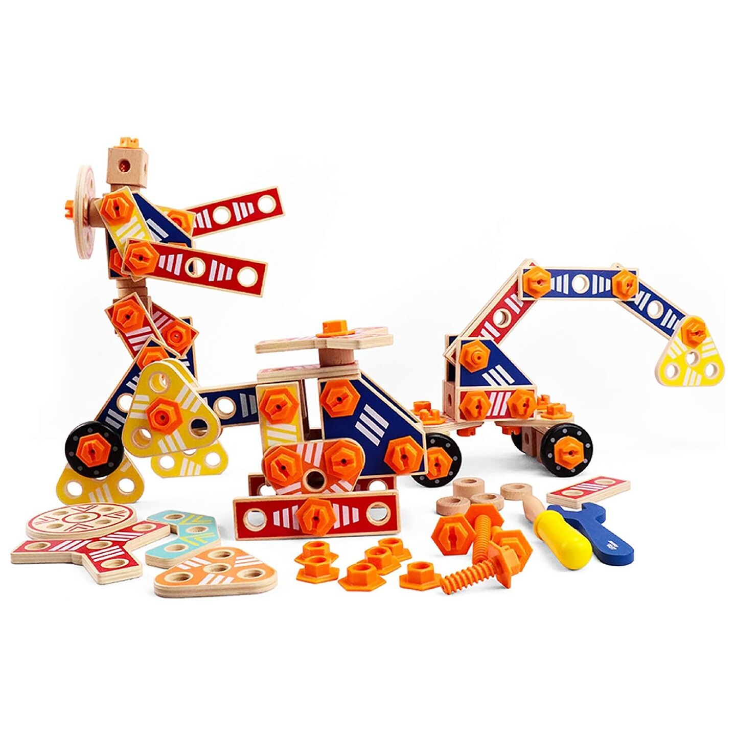 LEO &#x26; FRIENDS: Wooden Builder Construction Set - 72-Piece Colorful Set - Design &#x26; Build, Open Ended Playset, Gears &#x26; Bolds, Toy Tools, Kids Ages 3+
