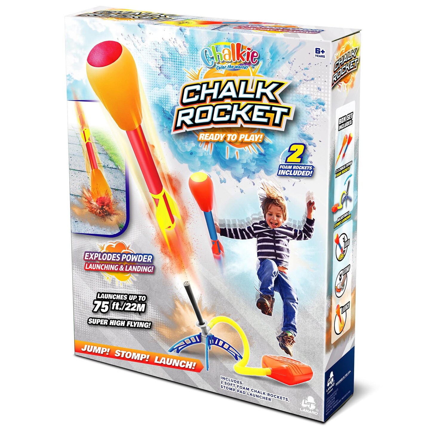 Lanard Chalkie: Chalk Rocket - Outdoor Play Flying Art Toy, 2 Foam Chalk Rockets, Stomp Pad Launcher, 50 Explosive Launches, Washable & Safe, Kids 6+