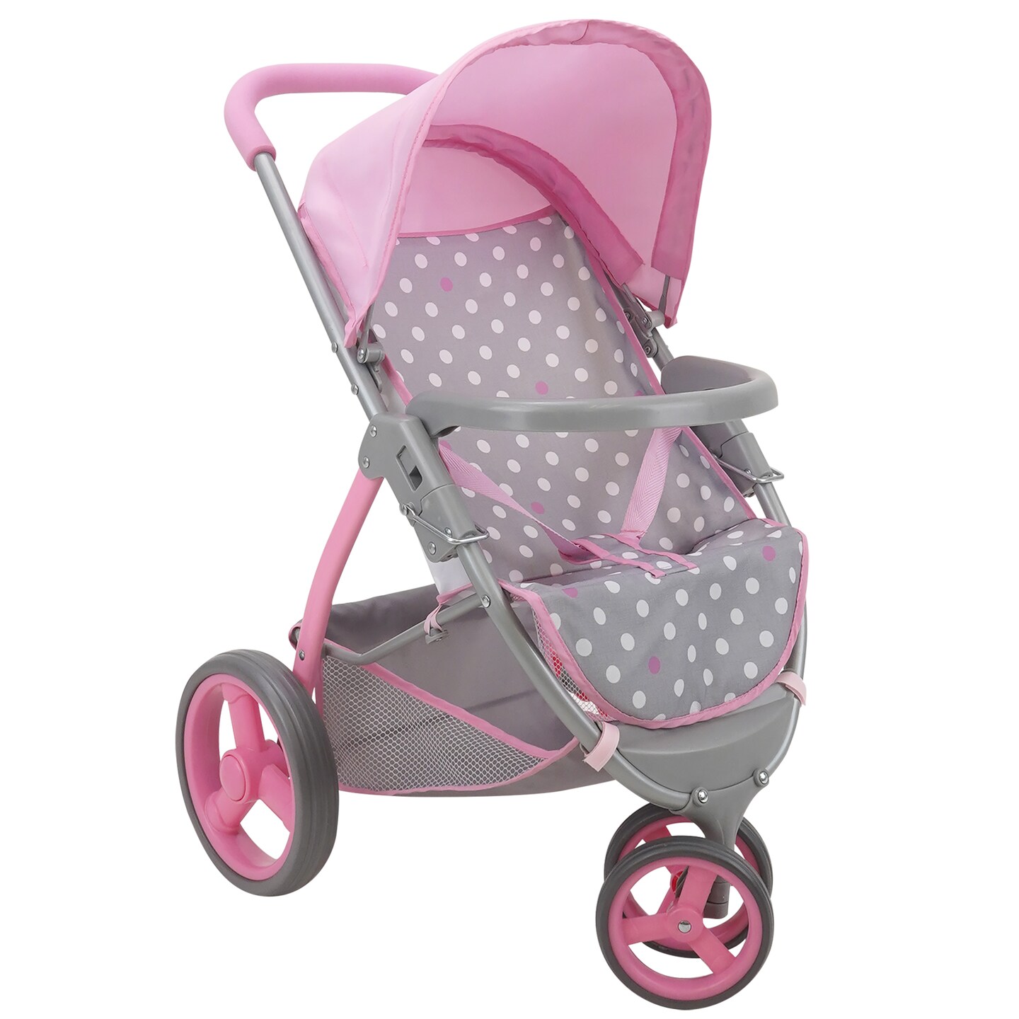 Cotton Candy Pink Doll Jogger Stroller in Grey Polka Dots, Fits Dolls Up to 24"