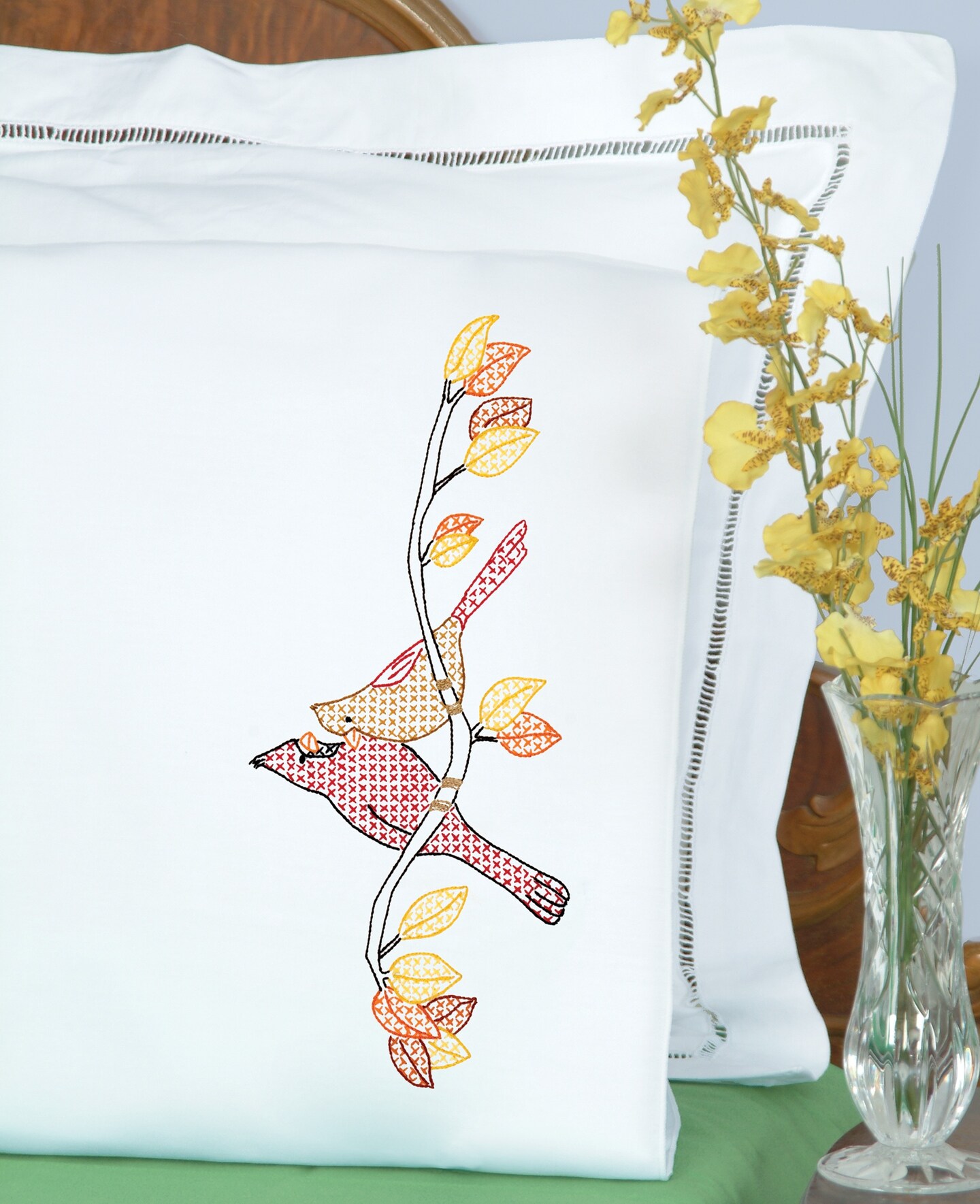 Jack Dempsey Stamped Pillowcases W/White Perle Edge 2/Pkg-A Pair of Cardinals