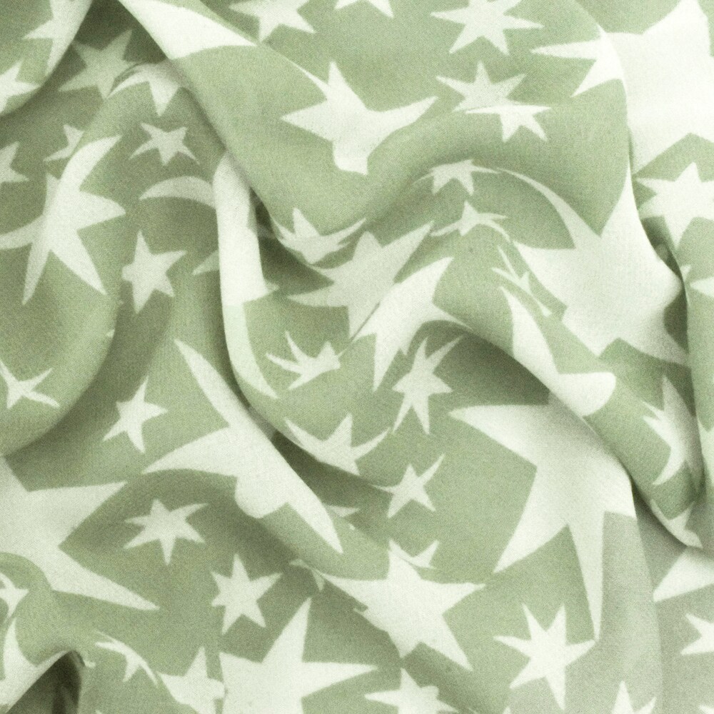 Sage Green-White Shooting Star Printed Rayon Georgette Woven Fabric By the Yard