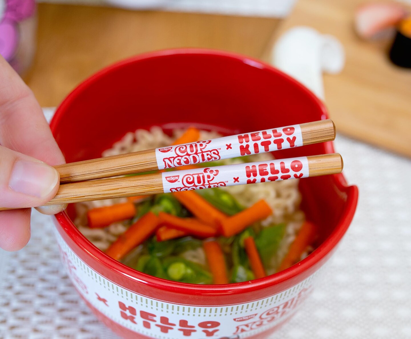 Silver Buffalo Sanrio Hello Kitty x Nissin Cup Noodles Ramen Bowl and Chopstick Set