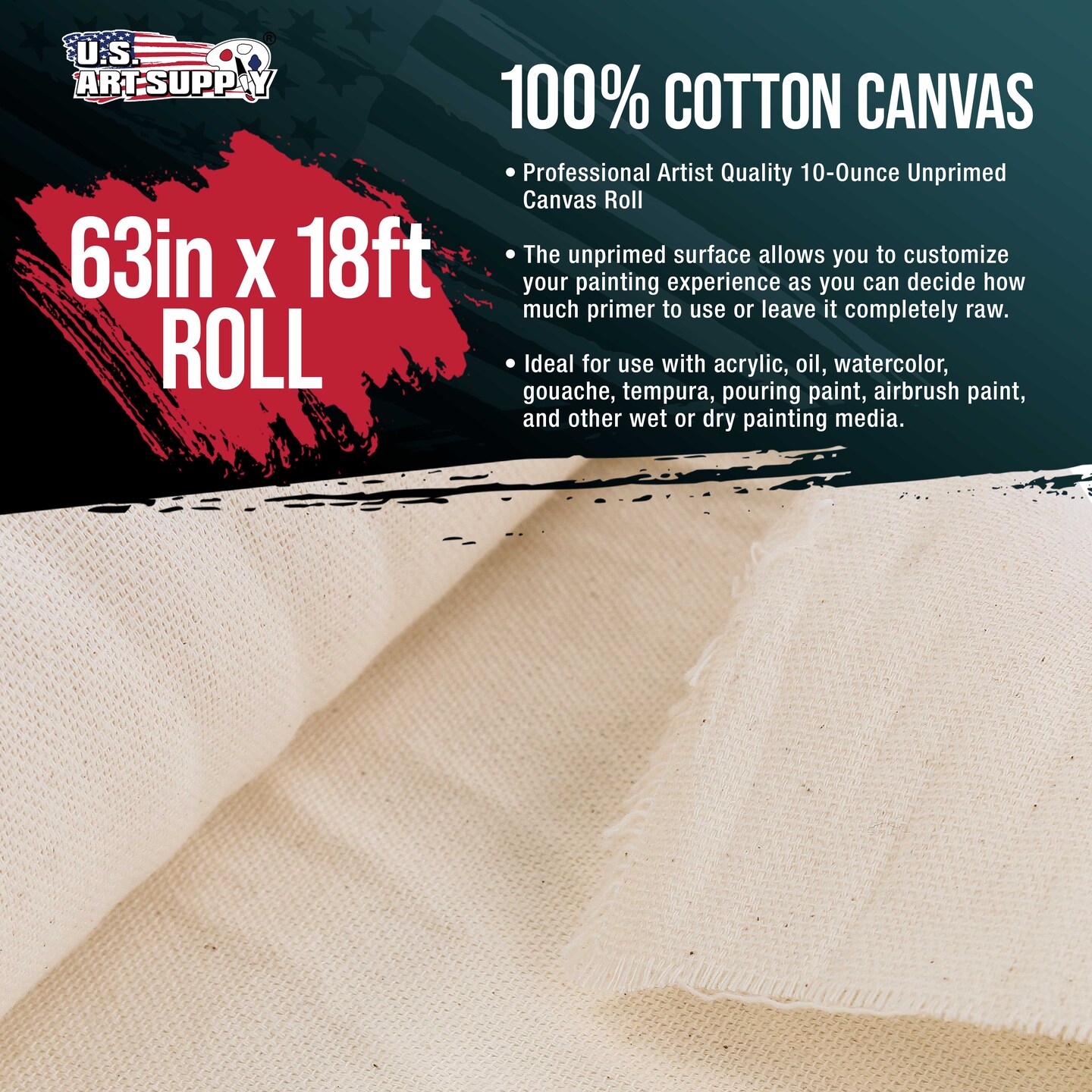 U.S. Art Supply 10-Ounce Unprimed Canvas Roll, 63&#x22; Wide x 18&#x27; Long (6 Yards) - 100% Cotton, Woven, Acid-Free - Unstretched Canvas Rolls for Painting, Murals, &#x26; DIY Crafts
