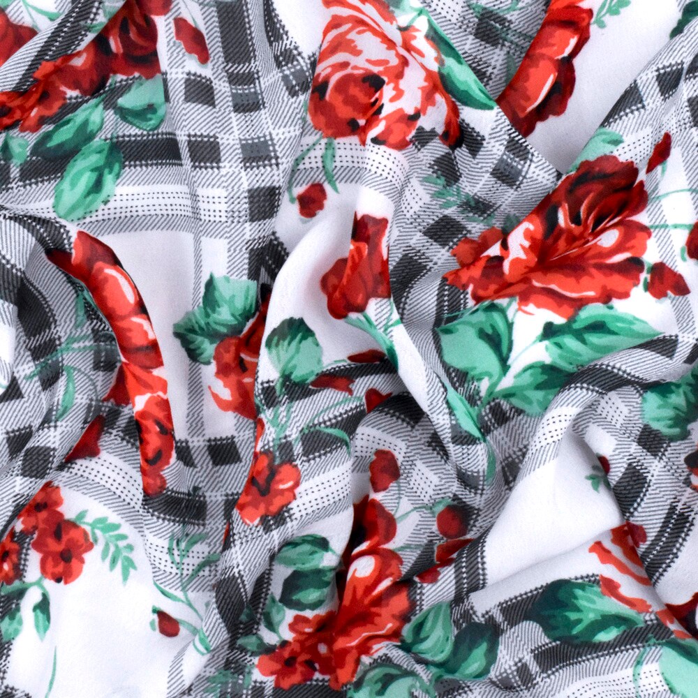 Red-Green-Multi Floral Plaid Printed Poly Chiffon Woven Fabric By the Yard