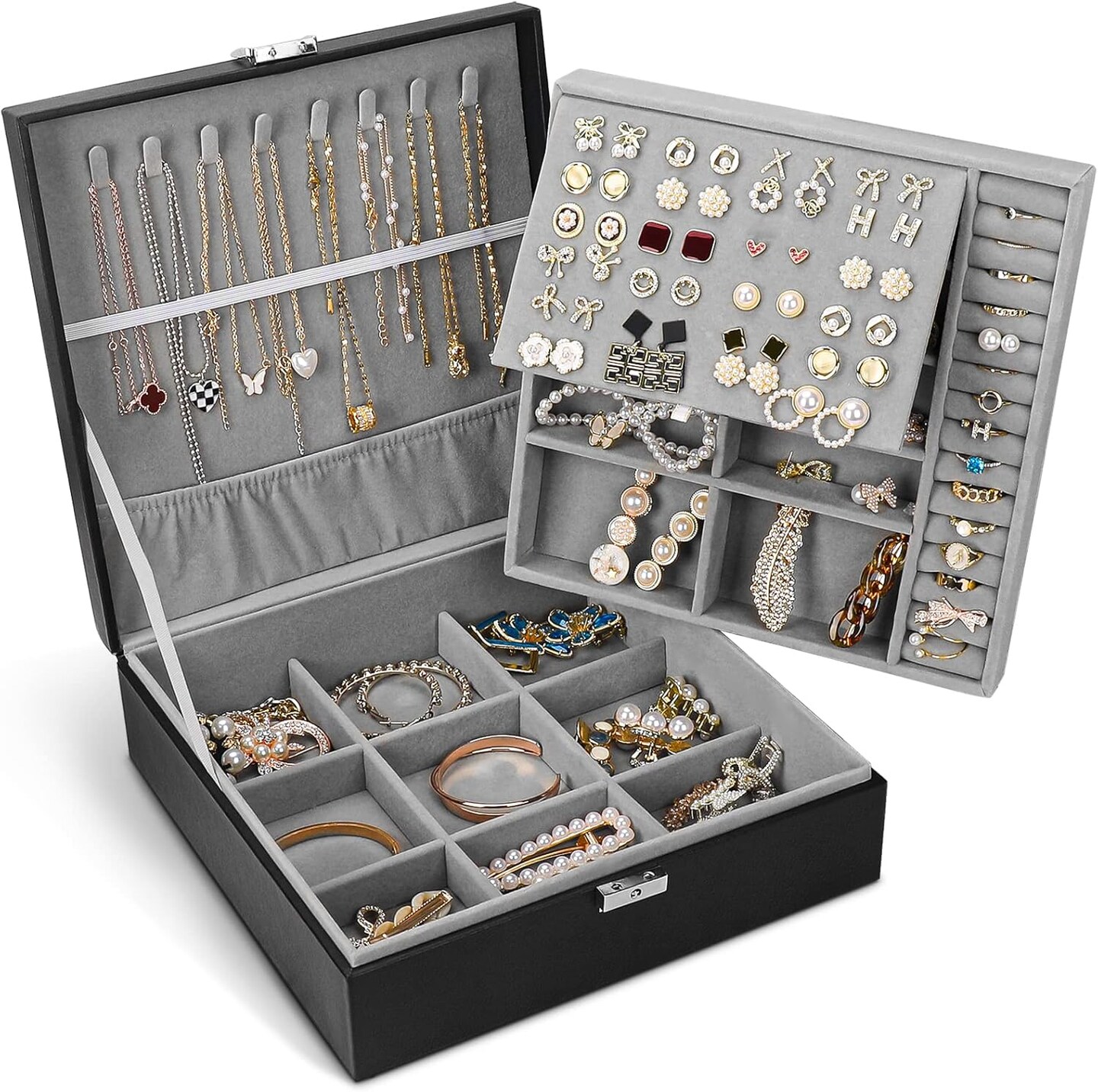 Jewelry Box, Jewelry Boxes for Women &#x26; Men with PU Leather, 2 Layer Large Jewelry Organizer Storage Case with Lock, for Necklace Bracelets Earrings Rings, Jewelry Organizer Box Ideal Gift, Black
