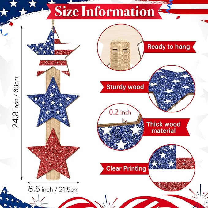 4th of July Stars Door Sign Decorations, Patriotic Star Glitter Wooden Signs Red White Blue Independence Day Wreath with Burlap, Memorial Day Door Hanger for Porch Wall Home Decor 3 Plaques