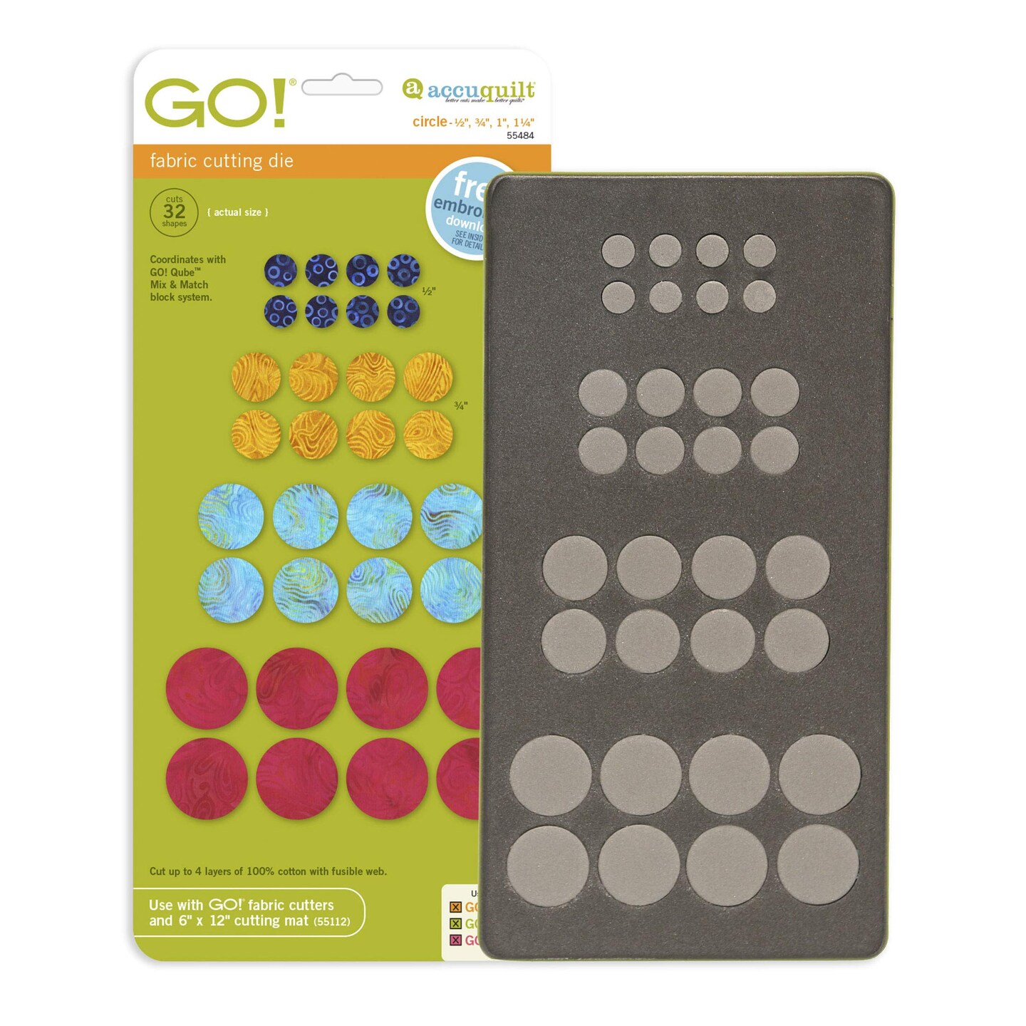 AccuQuilt GO! Circle Quilt Die – 1/2", 3/4", 1", 1 1/4" Fabric Cutting Die for Appliqué Quilting, Requires 6" x 12" Cutting Mat