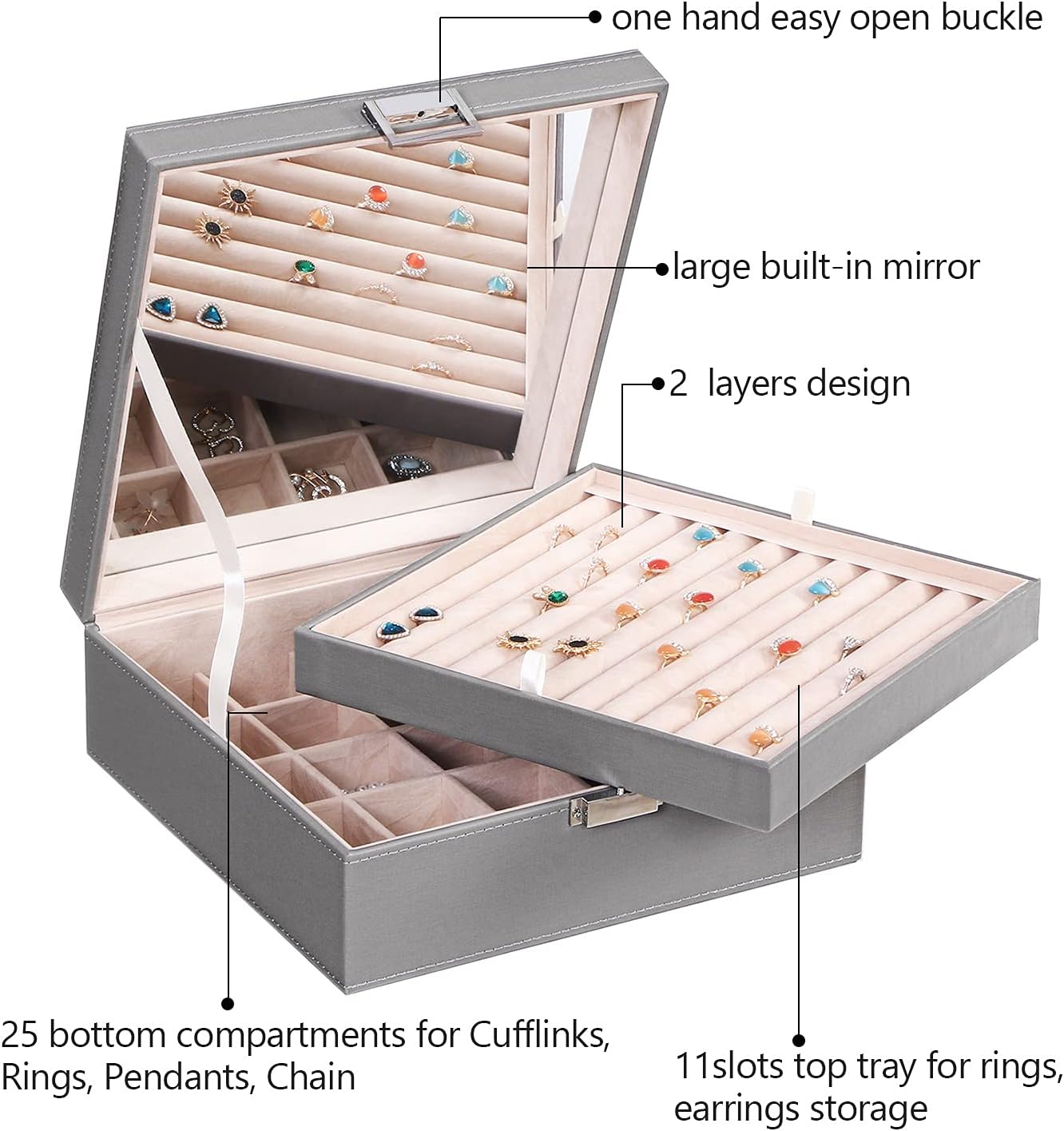 Ring Organizer and Earring Box Holder - 11 Ring Slots, 25 Earring Compartments, Large Mirror, 2 Layers - Jewelry Box Tray Cufflinks Storage for Girls Women Men, Grey SSH21H