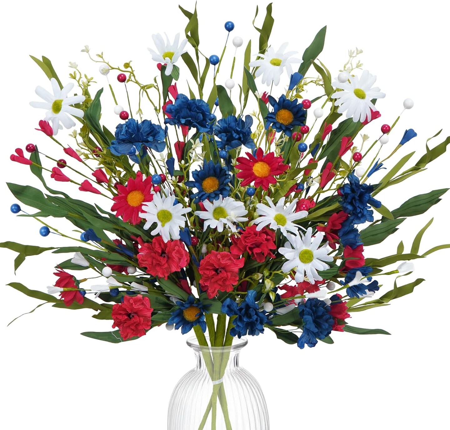 Patriotic Artificial Flowers Red White and Blue Flowers 4th of July Flowers Silk Flowers Arrangement for Memorial Day Independence Day Home Party Centerpiece Vase Decor (4PCS)