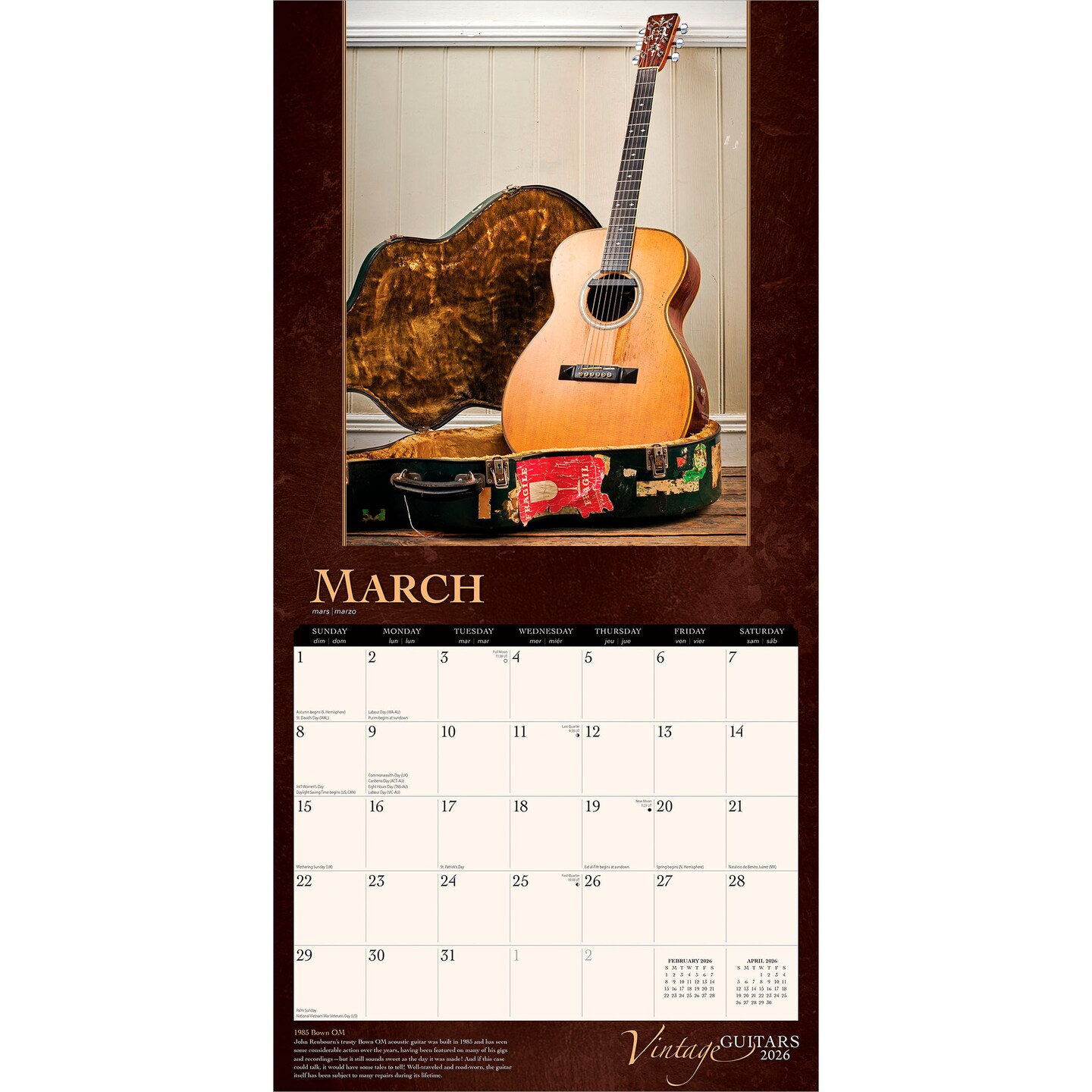 Vintage Guitars | 2026 12 x 24 Inch (Hanging) Monthly Square Wall Calendar | Foil Stamped Cover | Plastic-Free | BrownTrout | Instrument Classic