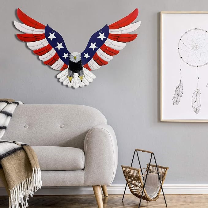 American Eagle Patriotic decorations, Independence Day 4th of July Decoration Metal Wall Art, American Flag Bald Eagle Hanging Sculpture, Large Handmade Centerpiece for Indoor Bedroom Office Outdoor 23.6" x 14"