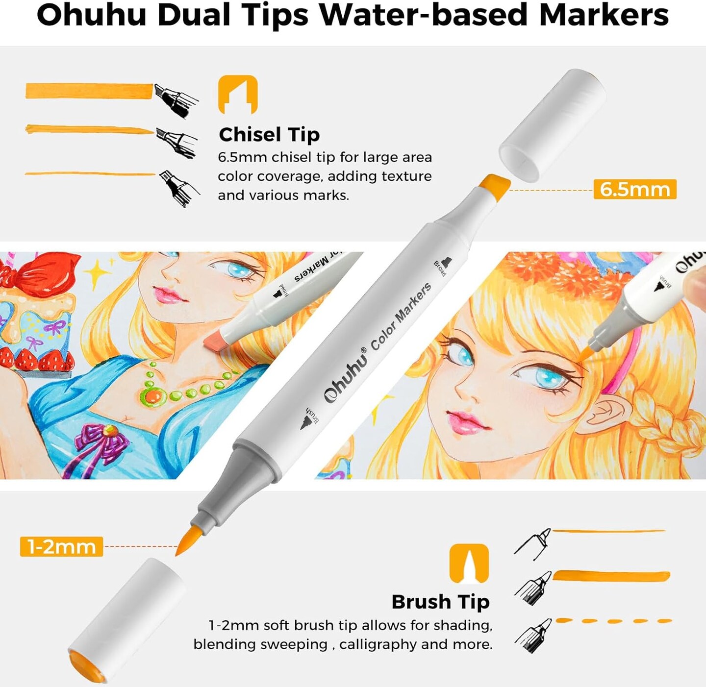 Ohuhu Water Based Markers for Adult Coloring Books No Bleeding Water-based Coloring Markers Dual Tips Chisel & Brush Drawing Pens Art Markers for Kids Adults Beginners Lettering Journaling (60 Colors)