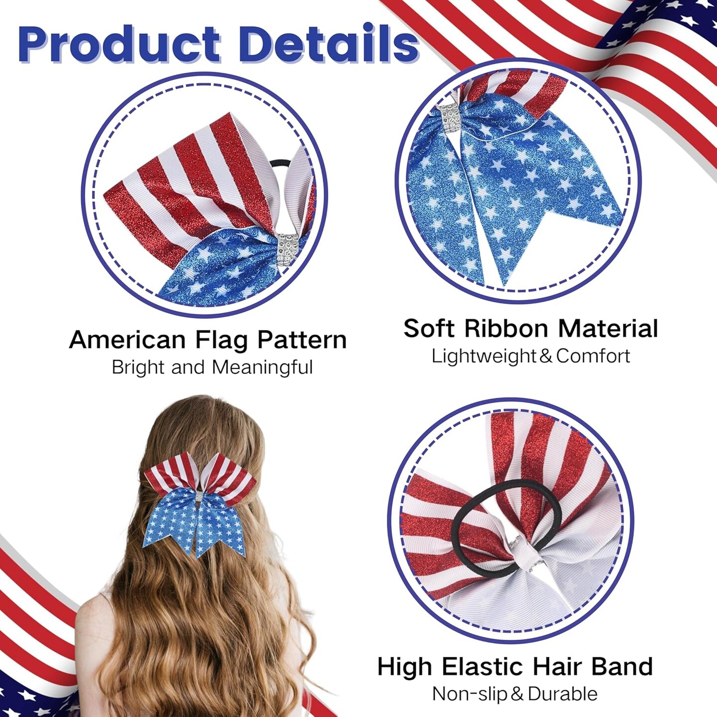 4th of July Hair Bows Big American Flag Sequin Hair Bows Patriotic Glitter Ribbon Bow Tie Red White Blue Cheer Bow Elastic Ponytail Holder Independence Day Hair Accessories for Girls USA Party Decor