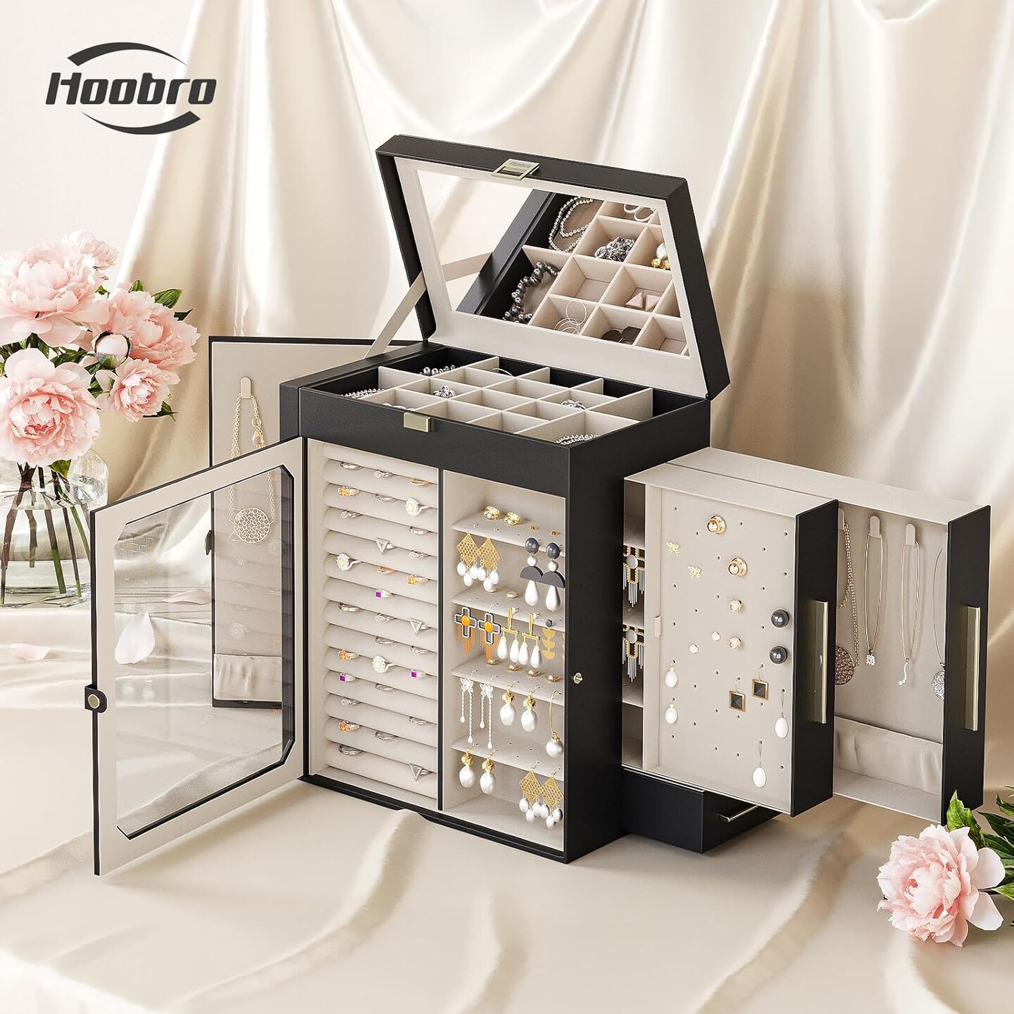 Jewelry Box with Mirror, Travel Jewelry Organizer with Glass Window, Vertical Storage, Christmas Gift, Gift for Loved Ones, for Earrings, Rings, Necklaces, Bracelets, Black BK03JB04G2