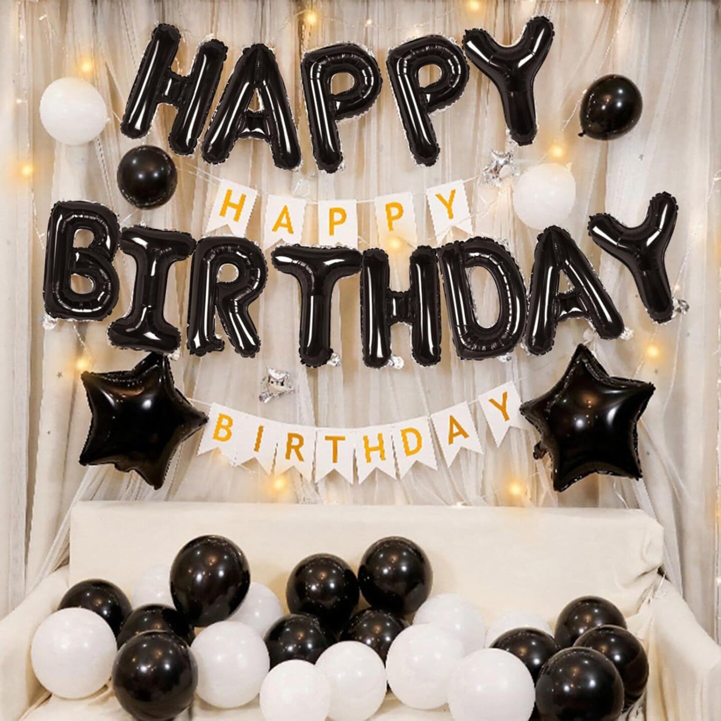 Happy Birthday Banner 13pcs 16 Inch Mylar Foil Letters Sign Balloons with LED Lights Birthday Party Decorations for Kids and Adults - 3D Black