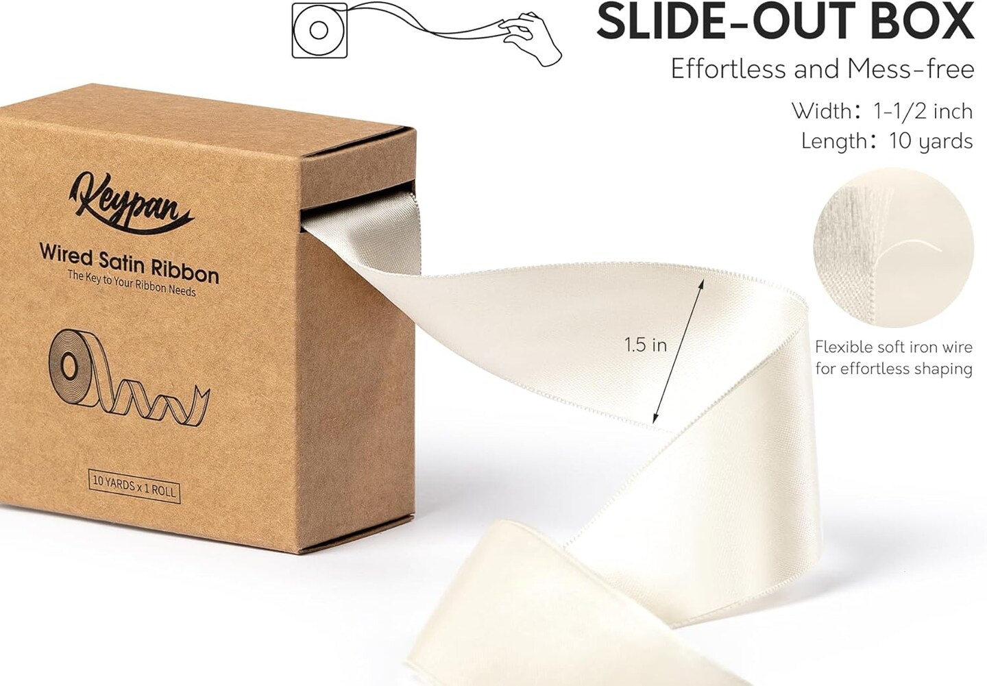 Ivory Satin Ribbon Double-Faced Wired Ribbons for Gift Wrapping Flower Bouquet Bows Wedding Invitation Christmas Decor Crafts 1-1/2 Inch 10 Yards