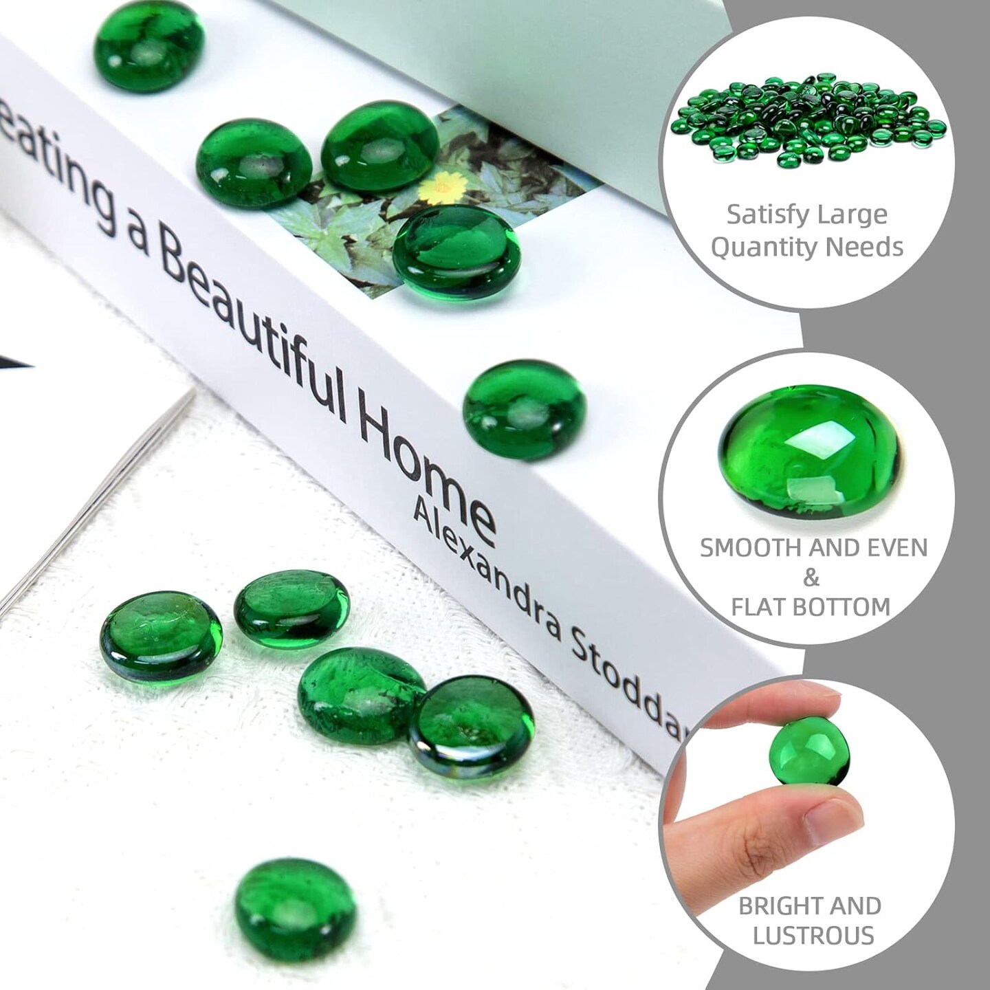 1LB Green Flat Glass Marbles, Premium Colored Gems Fish Bowl Marbles Decorative Mosaic Glass Pebbles Floral Smooth Stones for Vases Aquarium Home Decor