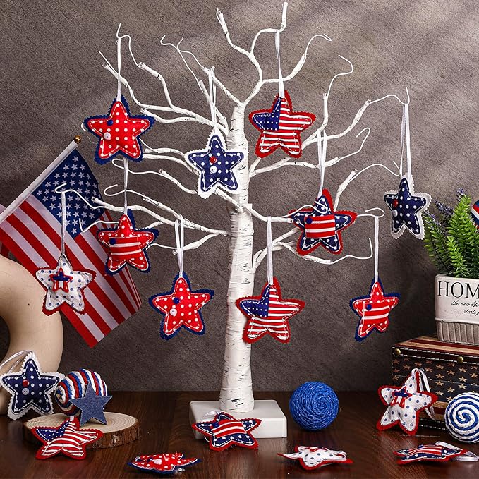 18 Pcs Memorial Day Star Felt Ornaments Patriotic 4th of July Hanging Stars 3.14 Inch White Red Blue Independence Day Tree Decorations for Memorial Veteran Day Party Decor(Stylish Style)