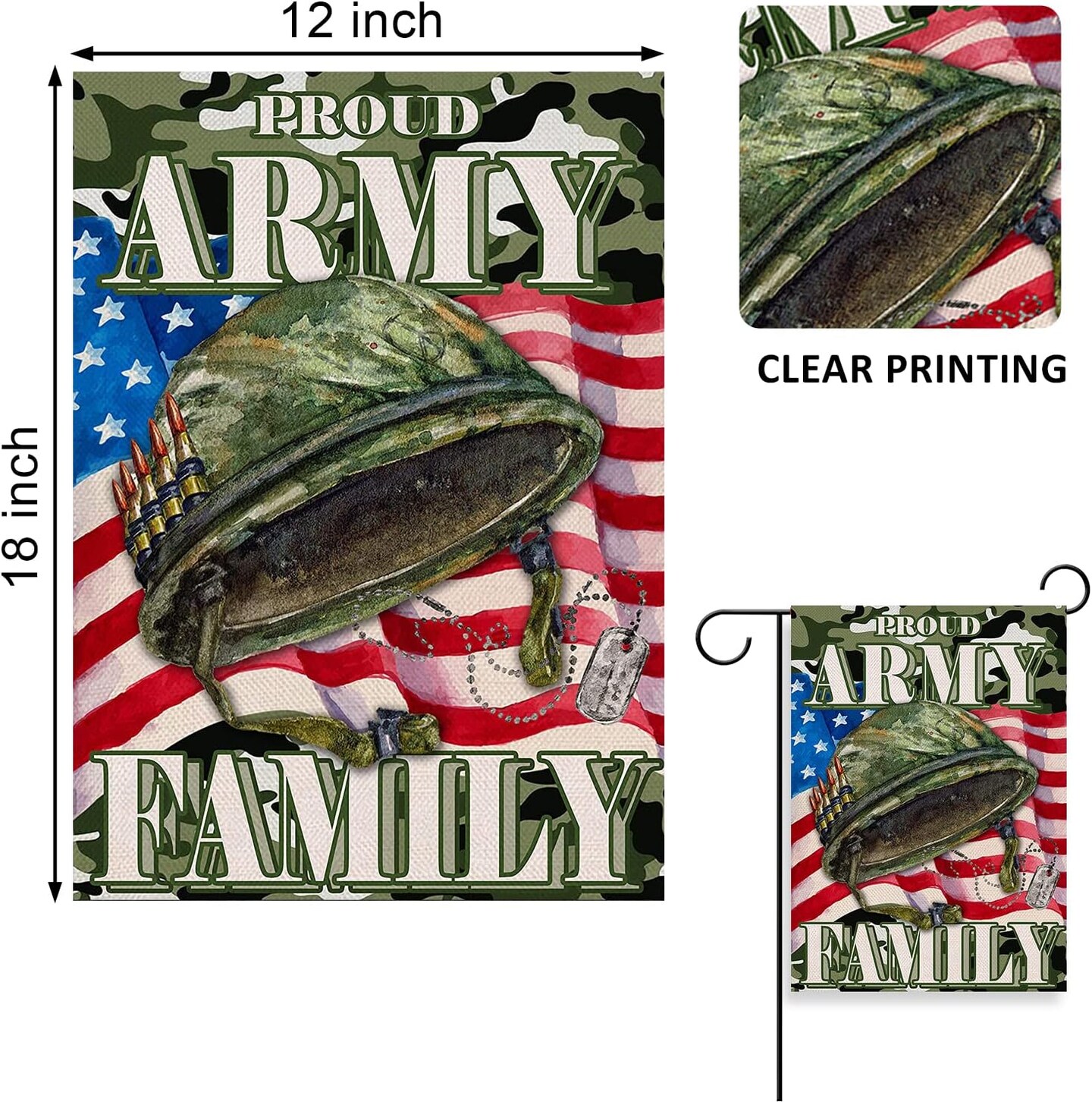 Proud Army Family 4th of July Patriotic Small Garden Flag, American Memorial Day Military Veterans Day Yard USA Armed Forces Rangers Outdoor Home Decoration America Outside Decor 12x18