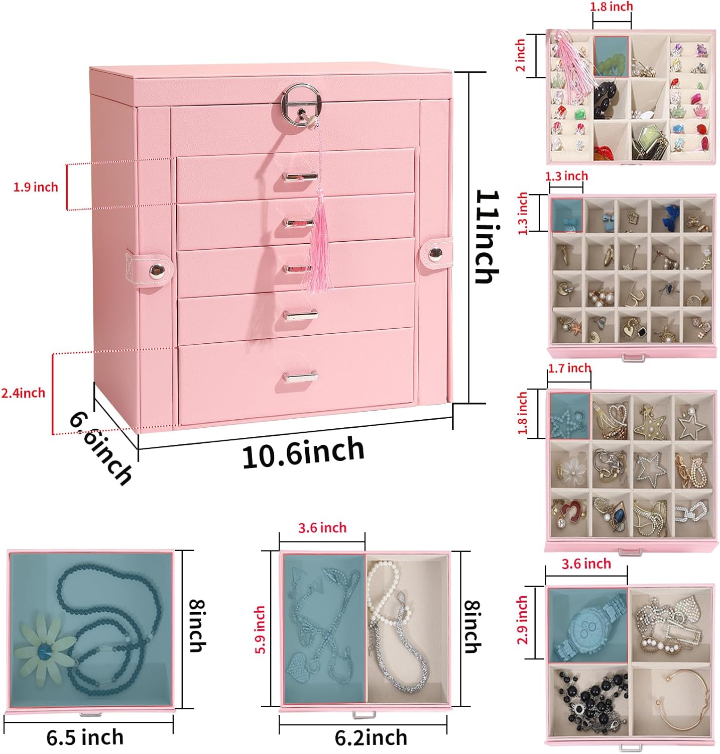 Jewelry Box For women, 6 Layer Large Jewelry Organizer With Mirror, Multi-Function Storage Box With Lock, Accessory Holder With 5 Drawers, For Earrings Necklace Ring Bracelet (Pink)