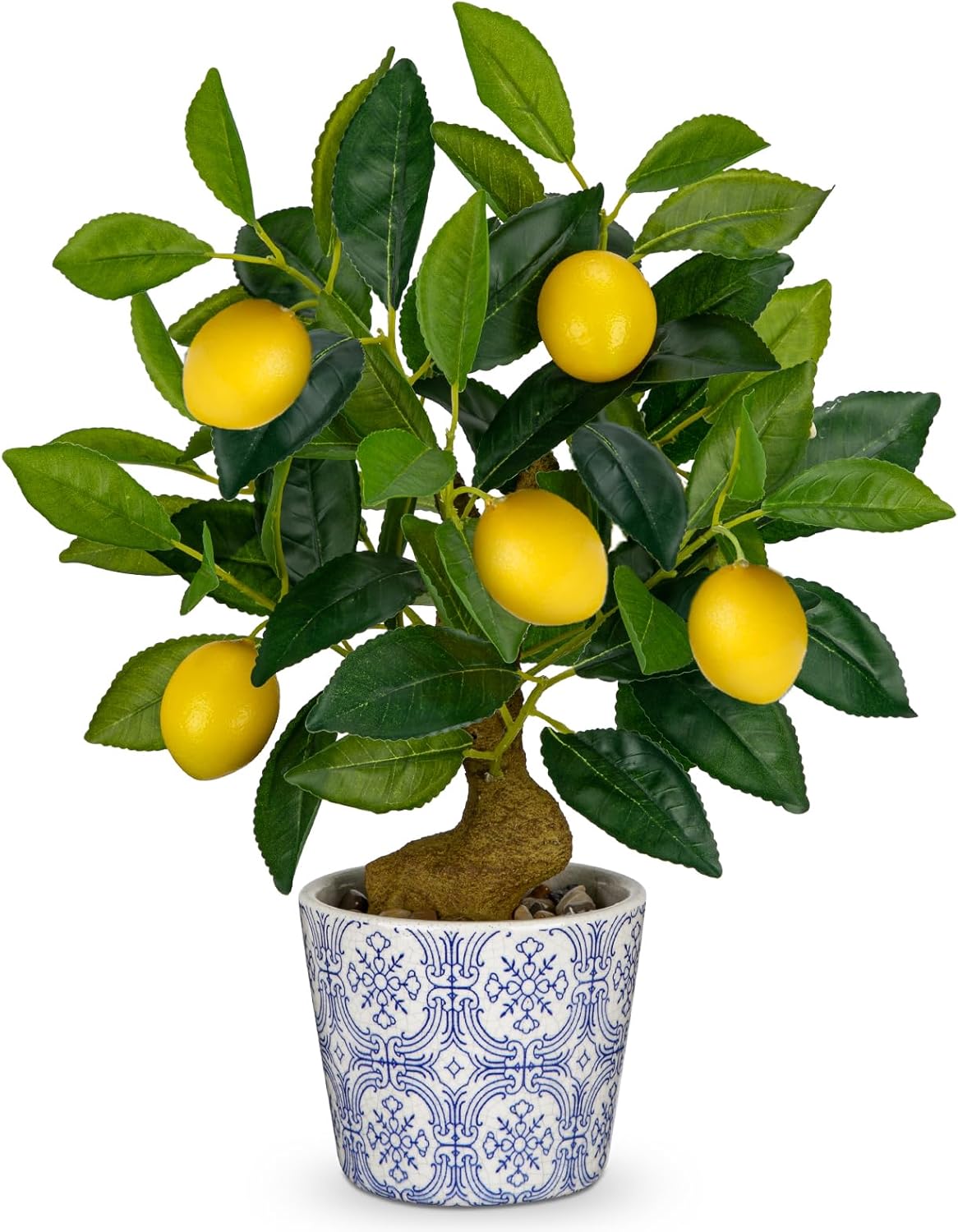 15.7" Artificial Lemon Tree in Blue and White Pot, Small Faux Potted Citrus Plant with Realistic Lemons for Indoor Home Décor—Perfect for Office, Living Room Table, Desk, or Shelf Decoration