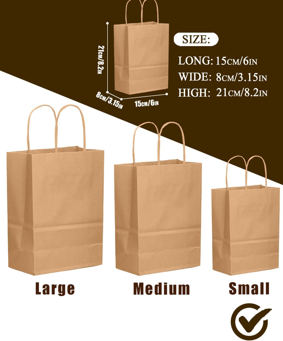 100-Packs Brown Paper Gift Bags with Handles Bulk 8.26&#x22;&#xD7;6&#x22;&#xD7;3.15&#x22; Small Size Gift Bags Multiple Uses