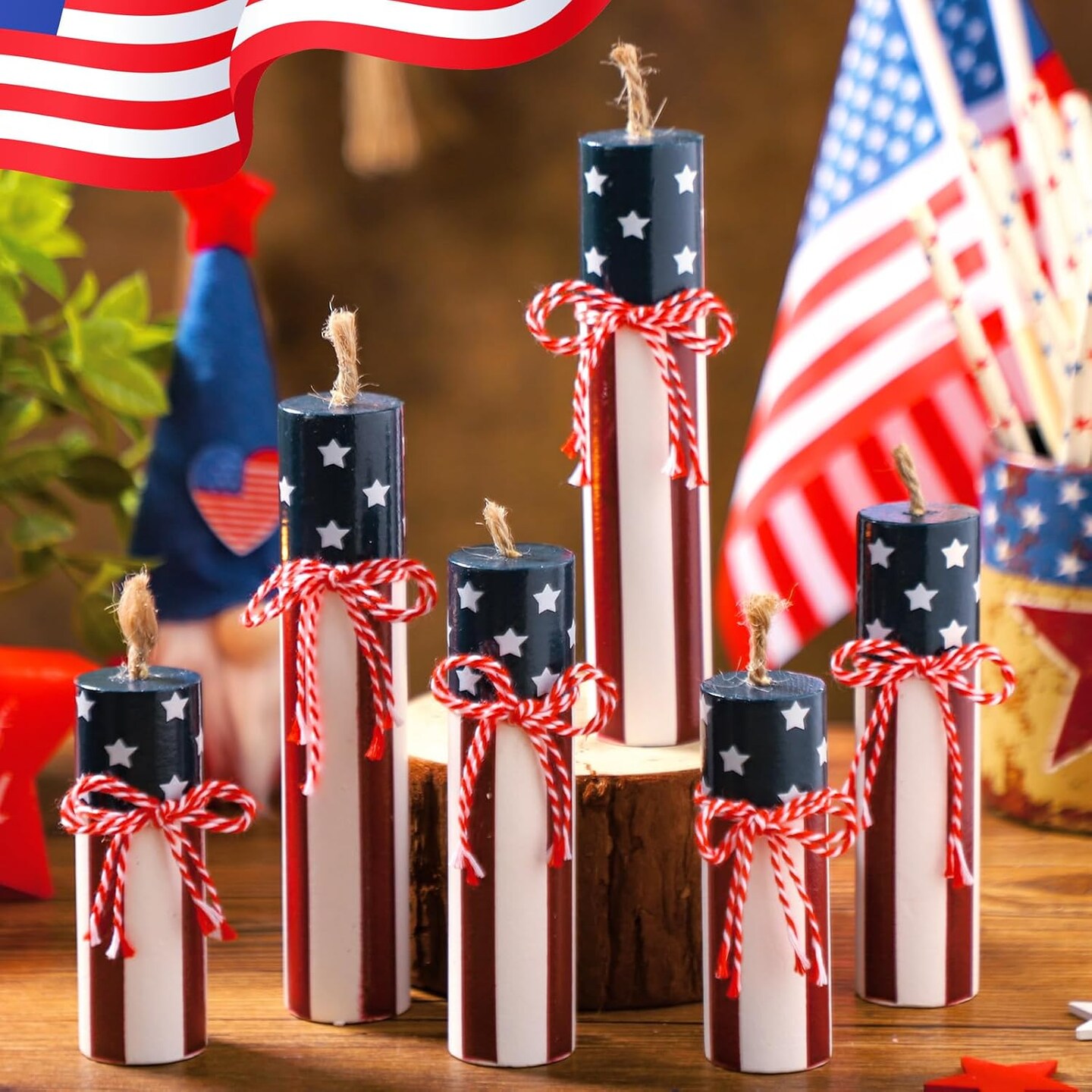 6 Pcs Patriotic Tiered Tray Decor 4th of July Wood Firework Decor Memorial Day Wood Signs July 4th Centerpieces 250th Anniversary Independence Day Red White Blue Table Tiered Tray